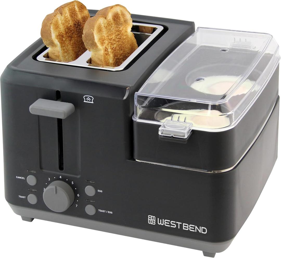 West Bend 78500 Breakfast Station, 2-Slice Toaster with Removable Meat and Vegetable Warming Tray and Egg Cooker/Poacher, Black