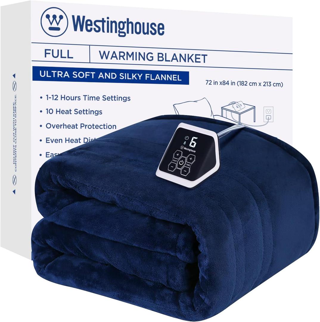 Westinghouse Full Size Electric Heating Blanket, 10 Levels, Auto Shut Off, Fast Heating, Machine Washable (72x84 Inches, Navy Blue)