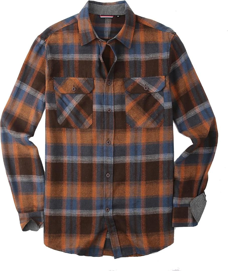 Alex Vando Mens Button Down Shirts Flannel Shirt Long Sleeve (Navy/Orange , S)
