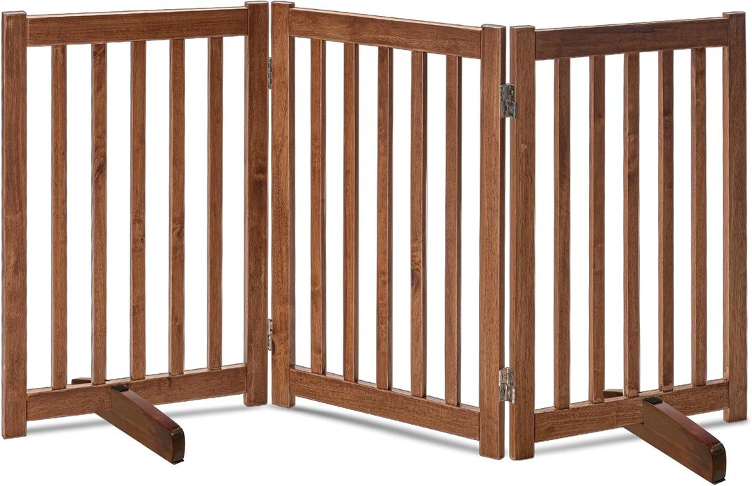 LZRS Freestanding Dog Gate 30 inch Tall - 3 Panels Solid Wooden Pet Gate for Doorways, Stairs & Hallways, Expandable & Foldable with Support FeetIndoor Use,Oak