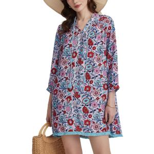 YEXPINE Women's Floral Print Cover Up Boho Tassel Tie Neck 3/4 Sleeve Casual Beach Summer Vacation Mini Dress