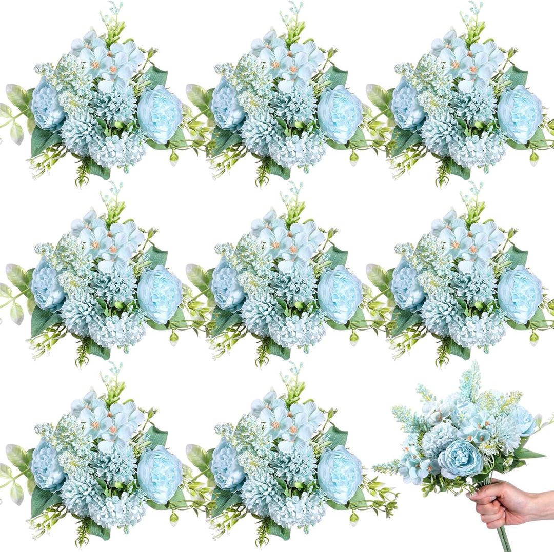 Zeyune 8 Pcs 13.4 Inch Artificial Flowers Bouquet Fake Silk Flowers Faux Bouquet Hydrangea Bouquets for Mother's Day Wedding Birthday Table Centerpieces Home Office Decoration(Blue,Peony)