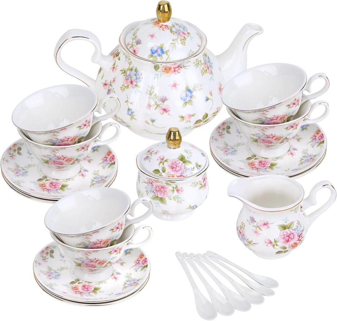 fanquare 21 Pieces Pink Blue Floral Porcelain Tea Set with Gold Trim, British Style Coffee Set for Adults, Vintage Romantic Gift Tea Sets for Wedding, Birthday, Women Tea Party