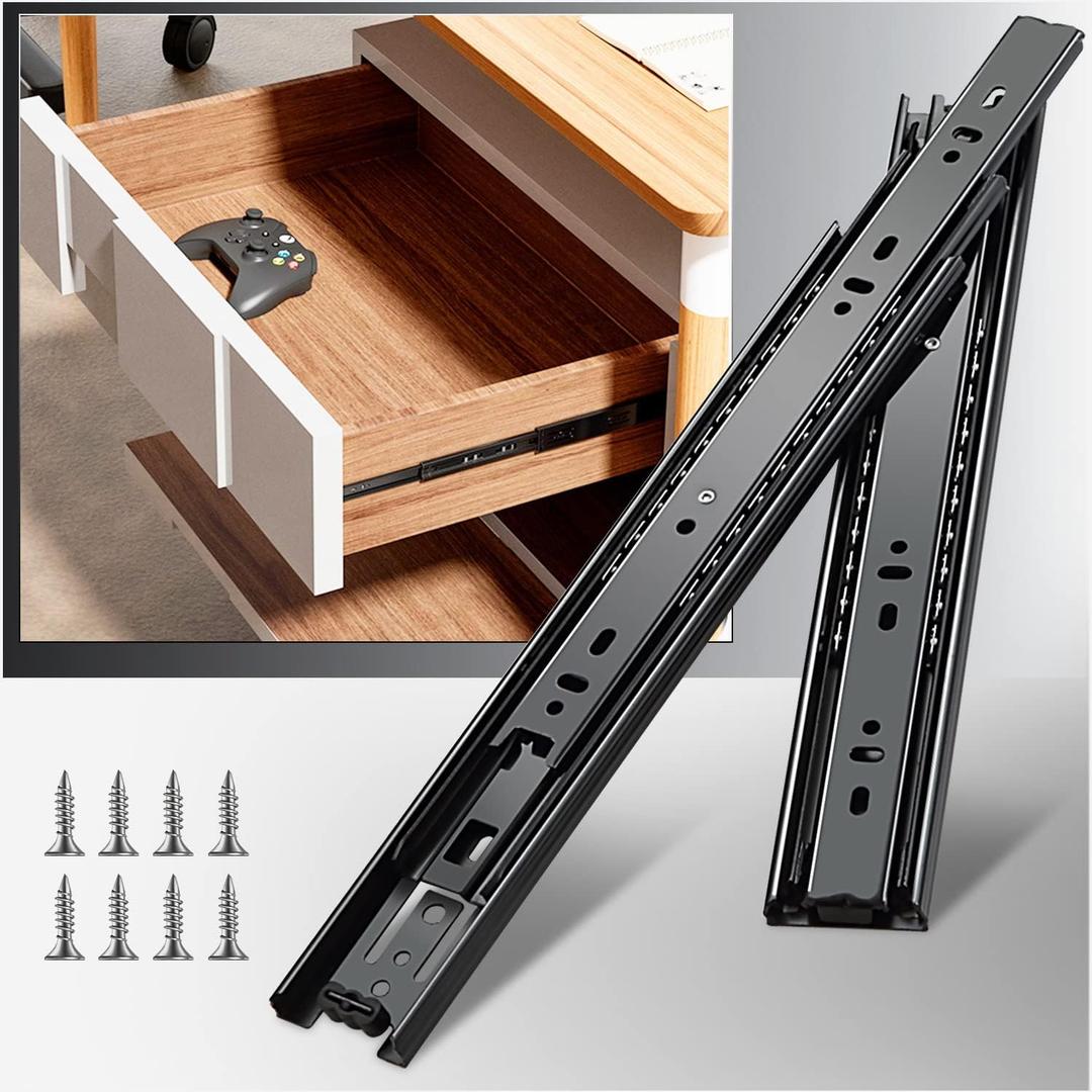 YENUO Full Extension Drawer Slides Side Mount 10 12 14 16 18 20 22 24 Inch Ball Bearing Dresser Cabinet Kitchen Black Rails Track Guide Glides Runners Heavy Duty 100 Lb (Black-Basic- 1 Pr,20 Inch)