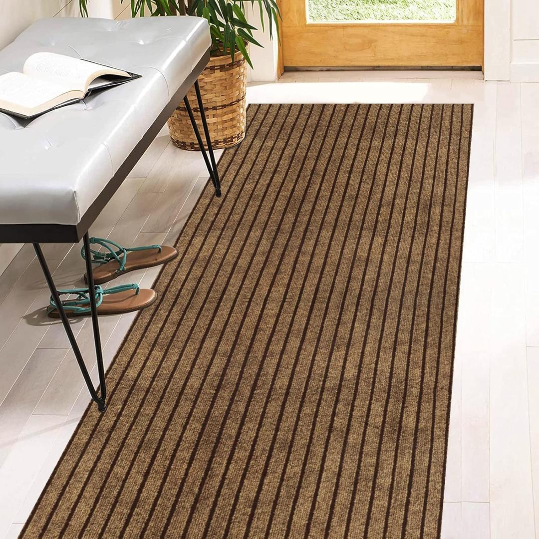 2' x 6' Runner Rugs with Rubber Backing, Indoor Outdoor Utility Carpet Runner Rugs, Stripe Brown, Can Be Used as Aisle for The RV and Boat, Laundry Room and Balcony