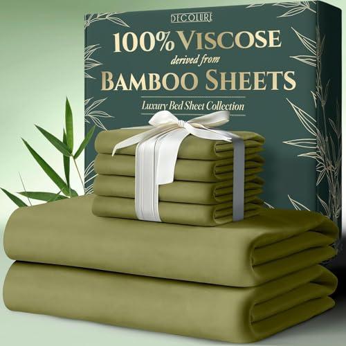 DECOLURE 100% Viscose Derived from Bamboo Sheets King Size 6pcs - Ultra Soft & Luxuriously Cooling, 17" Deep Pocket, Double Stitching, Perfect for Hot Sleepers - King Bed Sheets (Light Olive)