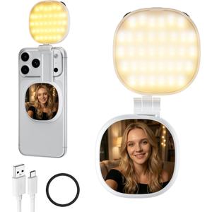 2 x Foldable Magnetic Phone Selfie Light: No Camera Blocking CRI 95+ with Mirror & Adjustable & Rechargeable for Selfies/Photography/Vlog/Conference/Video Recording/Content Creator (White)
