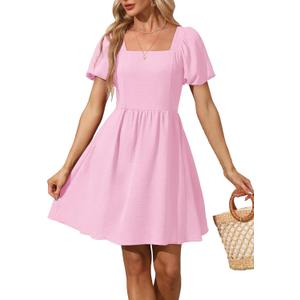 OFEEFAN Women Puff Sleeve Square Neck Tie in Back Dresses with Zipper, Size 160