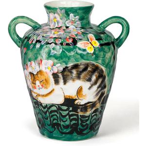 10.5 Inch Ceramic Vase with Hand-Painted Cat & Floral Design, Green Decorative Flower Vase with Handles for Home Decor, Boho Table Centerpiece, Ideal Gift for Plant Enthusiasts