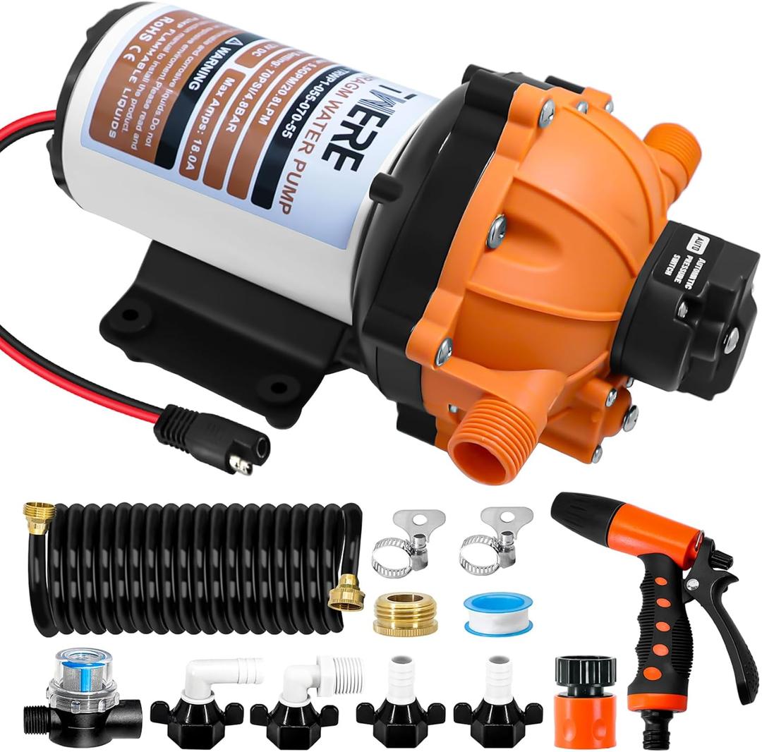 Upgraded 5.5 GPM 70 PSI Washdown Deck Wash Pump Kit, 12V Washdown Pump Kit,5 Chamber Self-Priming RV Fresh Water Pump for RV,Boat,Sprayer,Travel Trailers,and Yacht