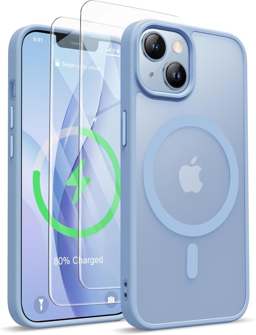 ORETECH Magnetic for iPhone 13 Case, [Compatible with MagSafe] [2 Pcs 9H Screen Protectors] [15 FT Military Grade Drop Protection] Frosted Translucent Back Shockproof Phone Cover - Sierra Blue
