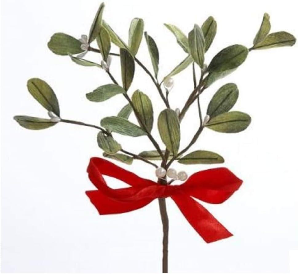 Artificial Mistletoe Floral Pick With Red Satin Bow, Set of 2