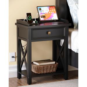 karlott 28" Nightstand with Charging Station, Solid Wood Night Stand with Pre-Assembled Drawer, Painted Bedside Table with Storage Shelf, Farmhouse End Side Table for Bedroom, Living Room, Black