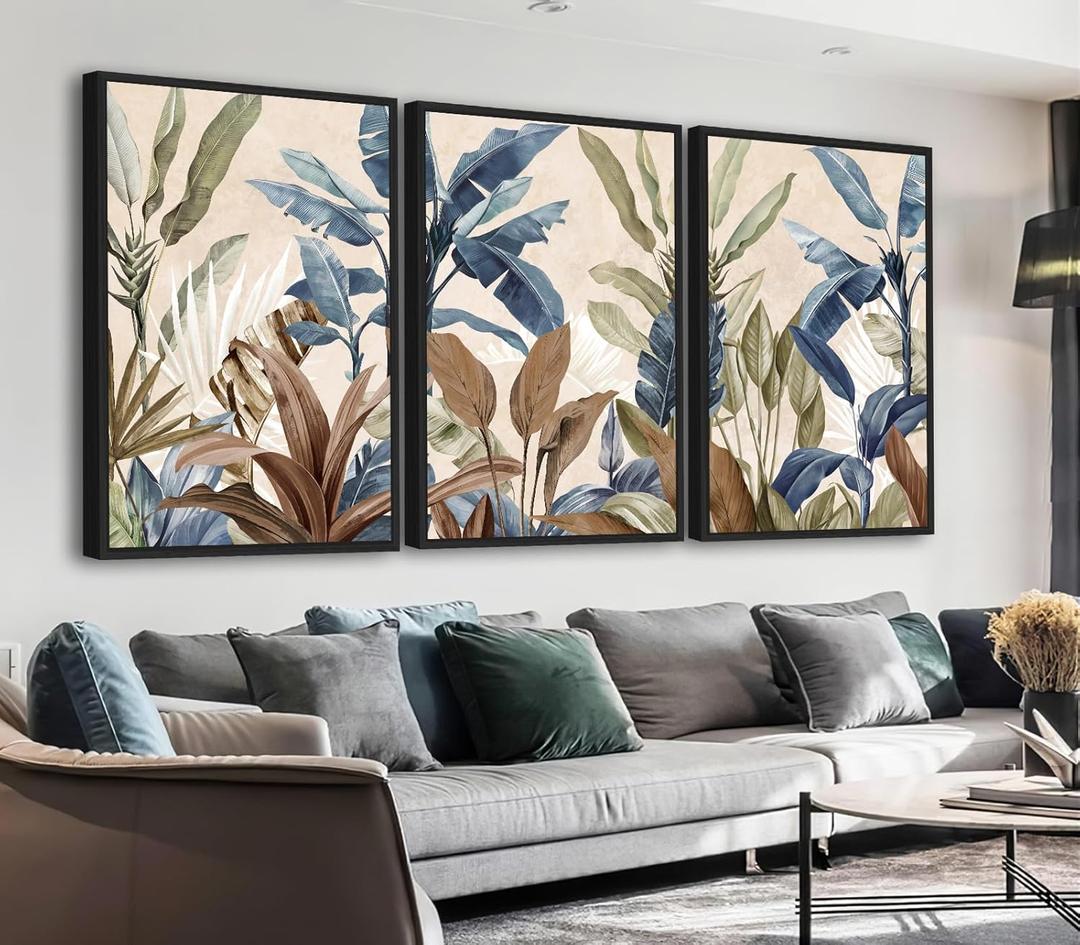 Large Framed Botanical Wall Art - Tropical Leaf Wall Decor 24"x36" Set of 3 Beige Boho Art Prints Minimalist Palm Painting Rustic Plant Canvas Pictures for Living Room Bedroom Office Artwork