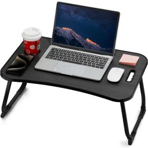 ZEAPTAC Laptop Bed Desk, Foldable Lap Desk, Portable Lap Table, Laptop Stand with Cup Holder & Tablet Slot & Lifting Handle for Working Writing Drawing & Eating - Dark Black