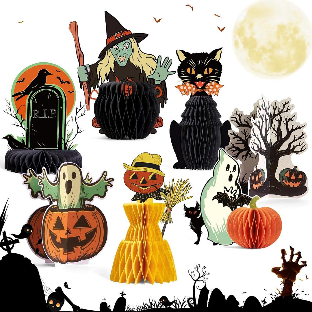 7PCS Halloweens Honeycomb Centerpieces, Halloween Party Decorations, Black Cat Ghost Table Centerpieces Spooky Theme Birthday Table Toppers for Home Mantel Tray Halloween Party Decor