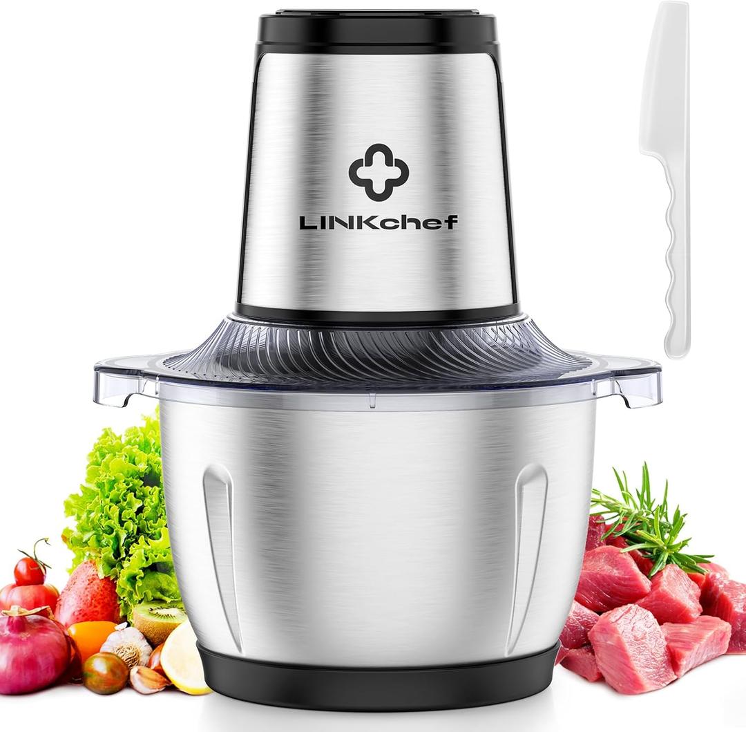 LINKChef Food Processor Small, 6 Cup Food Chopper with Container, 1.5L 250W Electric Meat Grinder for Home Use, Stainless Steel Mini Food Processor for Kitchen, Vegetable, Onion, Garlic, Salad (Silver and black)