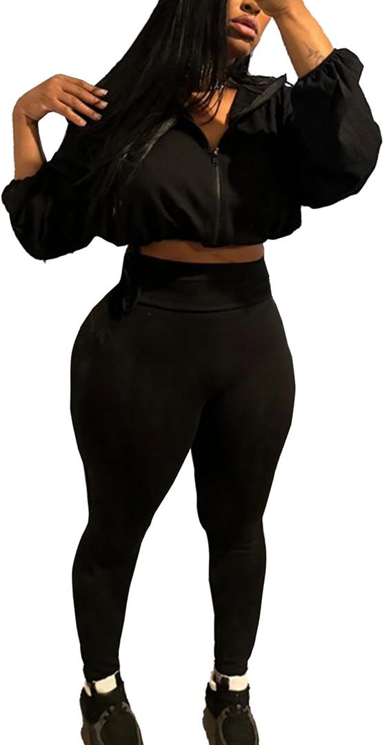 Two Piece Sets for Women Workout Set Crop Top Zipper Long Sleeve High Waist Casual Tracksuit Sweatsuits (X-Large, Black)