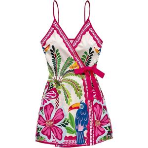 SOLY HUX Women's Tropical Print Mini Dress Summer Wrap V Neck Bow Tie Vacation Dresses XS