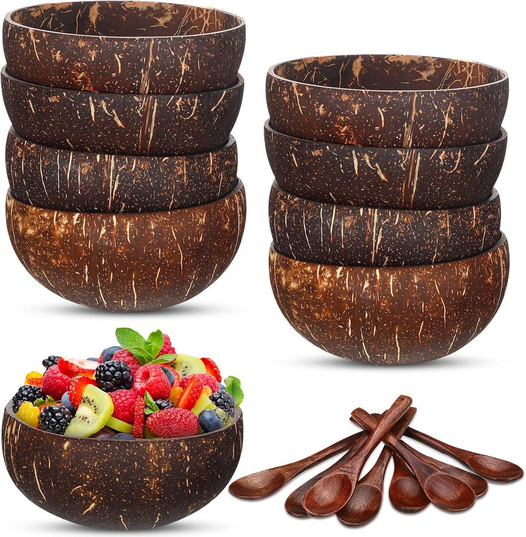 Hoolerry 8 Set Coconut Bowls and Wooden Spoon Set Coconut Shells Buddha and Salad Smoothie Bowls and Spoons for Vegan Gifts Kitchen Serving