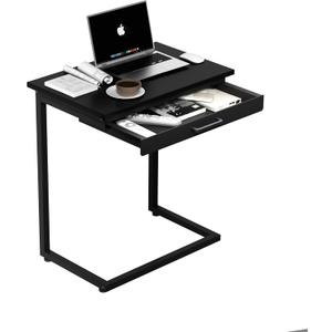 C Shaped End Table, Small Couch Side Table with Drawer, for Living Room, Bedroom, Magazines, Computers, Coffee, Small Objects Storage, Black