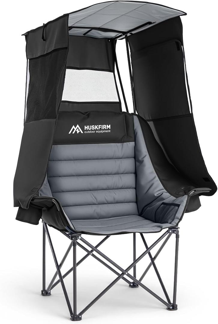 Huskfirm Camping Chair with Canopy Shade, Folding Chair with Canopy Black | Heavy Duty Beach Chair with Canopy Supports 330 LBS Oversized Canopy Chair with Cup Holders Carry Bag for Lawn Sports Fishing, Standard