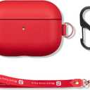 Portable AirPods Pro Case with Keychain Strap and Carry Clip, Full Grain Leather AirPods Pro Case Cover with Protective Microfiber Lining Design - Red