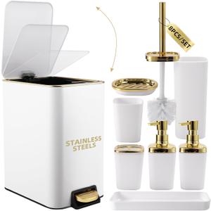 XLHOMO White Bathroom Accessories Set 8 Piece White and Gold Bathroom Set, Bathroom Sets with Stainless Steel Trash Can,Toilet Brush,Toothbrush Set,Soap Dispenser