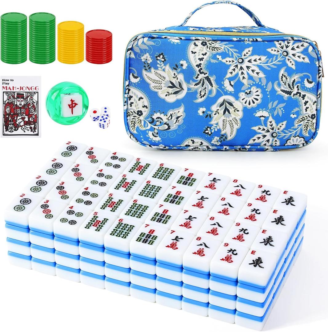 American Mahjong Tile Set, 160 Premium 1.2-inch Tiles with Blue Printed Carrying Bag, Complete Portable Set Includes Dice & Chips, Ideal Mahjong Gifts for Travel, Mahjong Lovers, Beginners