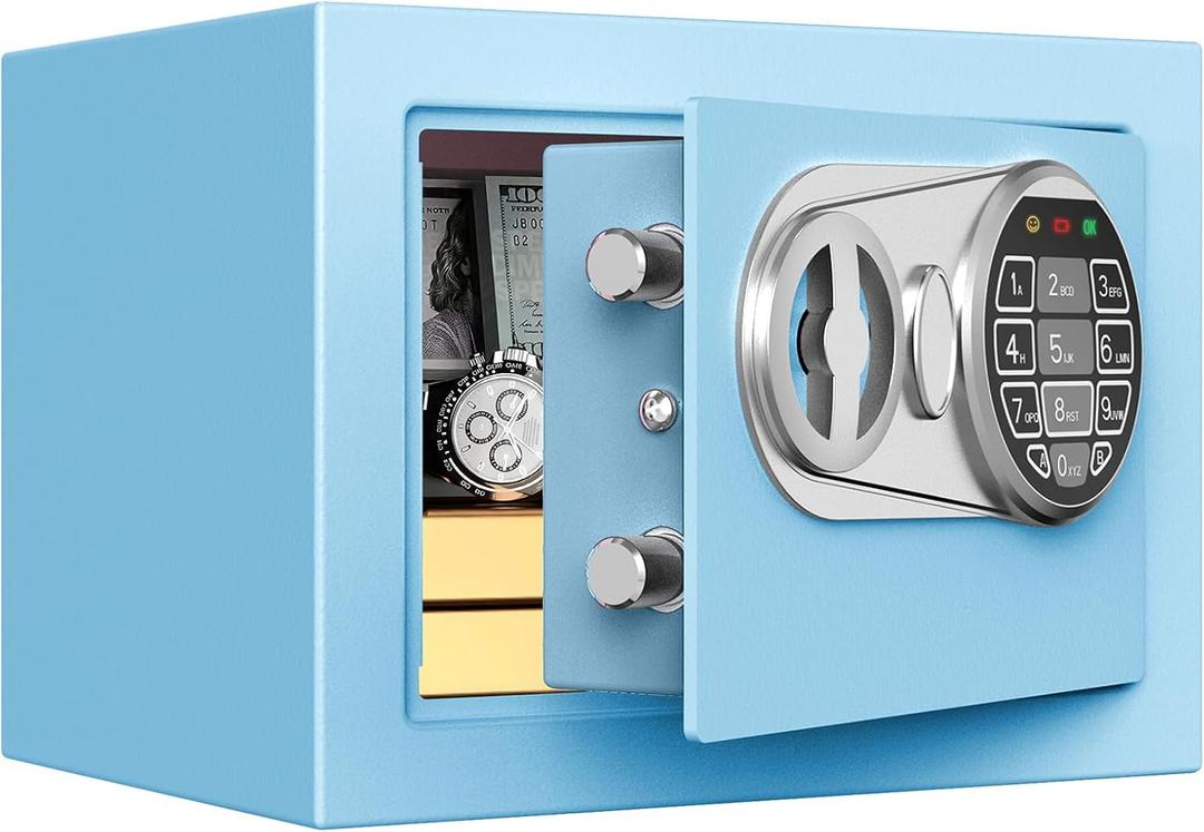 Goldenkey Small Kids Safe for Money, Digital Mini Safes with Keys&Code for Cash, Safe Box for Personal Items for Home, 6.69"D x 9.05"W x 6.69"H, Blue