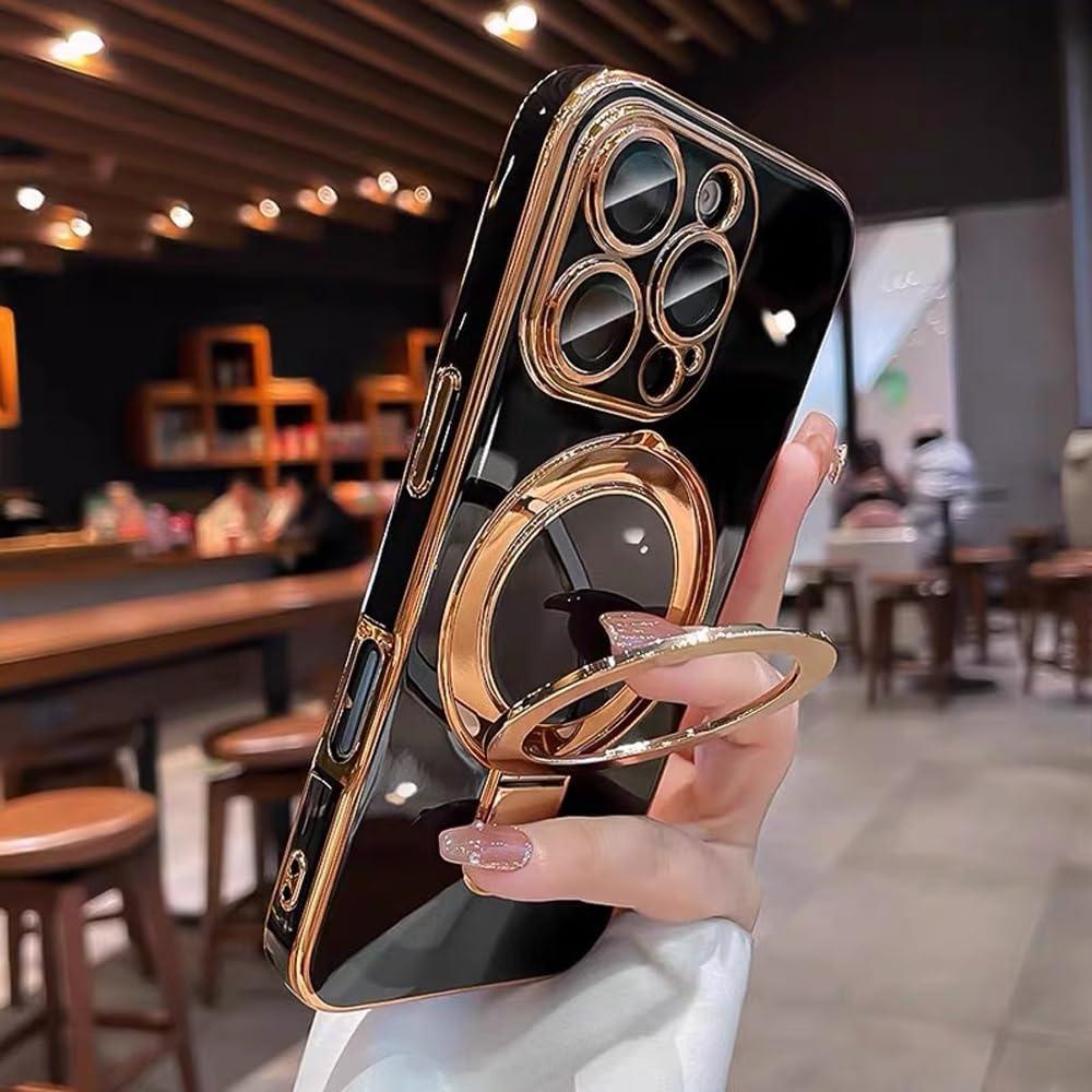 QSIETSPY Magnetic Invisible Stand for iPhone 13 Pro Max Case 6.7" Compatible with Mag-Safe,Full Camera Lens Protector Soft Plating Phone Case for iPhone 13 ProMax,Black