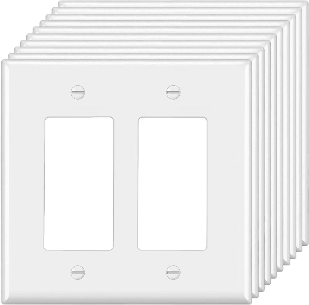 [10 Pack] BESTTEN Decorator Wall Plate, 2 Gang Standard Size Outlet Cover for GFCI and USB Receptacles, H4.53 x W4.57, Unbreakable Polycarbonate Material, UL Listed, White