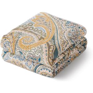 100% Cotton Boho Throw Blanket for Home Decor  Classic Farmhouse Quilt Bedding, Muslin Blankets for Adults, Vintage Woven Decorative Blanket for Couch, Bed Layering Use, Paisley Pattern, 90"x90"