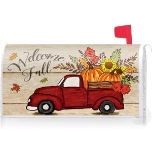 Texupday Welcome Fall Red Truck Sunflower Pumpkin Harvest Mailbox Cover with Magnetic Strip Autumn Thanksgiving Mailbox Wraps Post Letter Box Cover Standard Size 21" X 18" Garden Outdoor Yard Decor