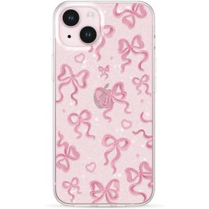ZTOFERA for iPhone 15 Case Glitter,Cute Clear Ribbon Bow Tie Aesthetic Phone Case,Sparkly Bling Trendy Soft Shockproof Protective Phone Cover for Women Girls,Rose Pink