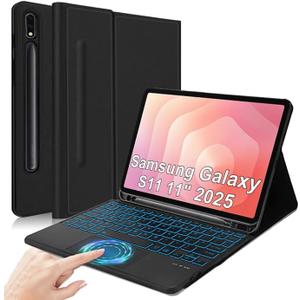 Trackpad Keyboard Case for Galaxy Tab S11 11 inch (SM-X730/SM-X736B), 7 Color Backlit, Magnetic Detachable Wireless Keyboard Leather Cover with S Pen Holder for Galaxy Tab S11 2025, Black