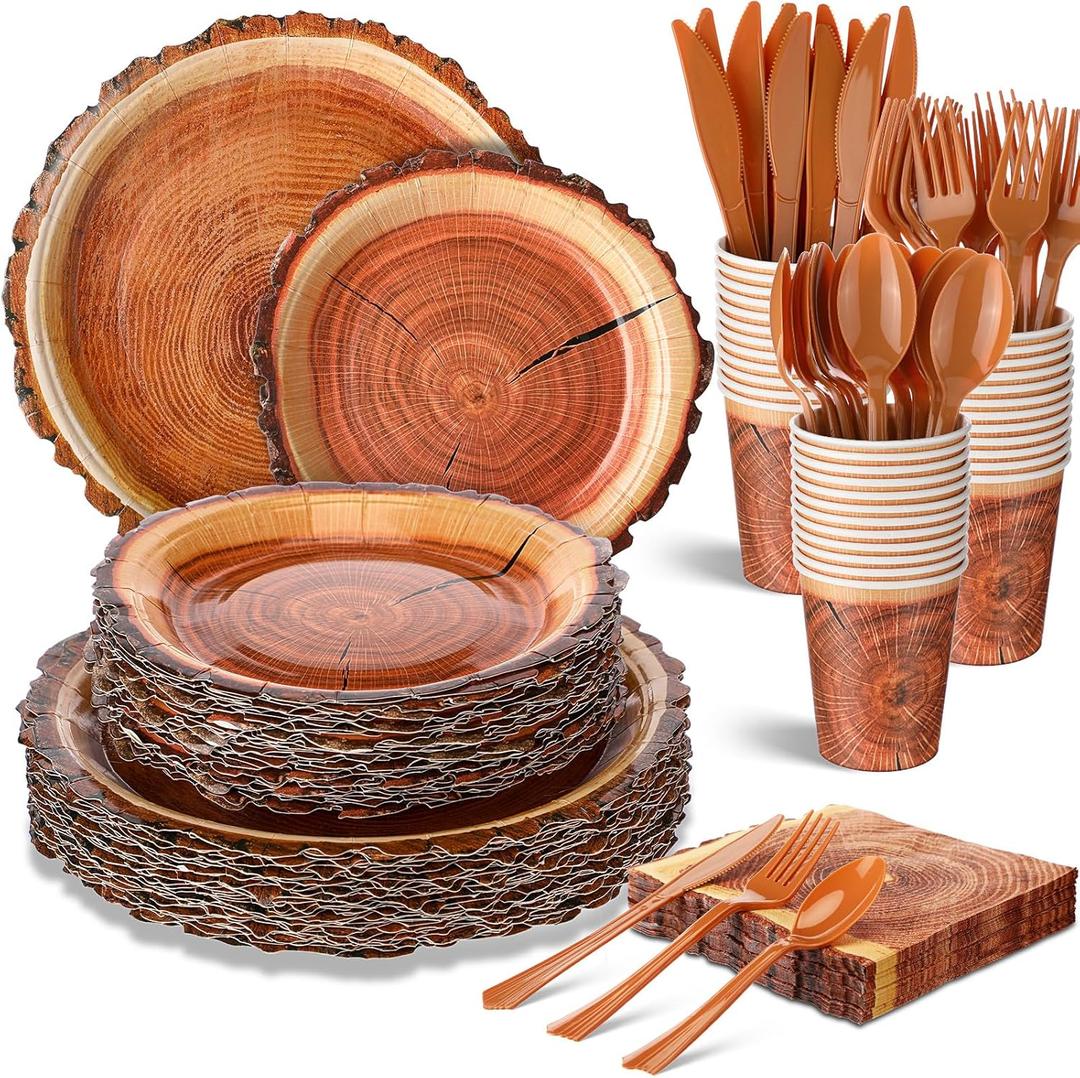 350 Pcs Camping Wood Grain Slice Tableware for 50 Guests Rustic Camo Hunter Plates Disposable Napkins Cups Plates Cutlery Hunting Plastic Knives Fork Spoon for Camping Party