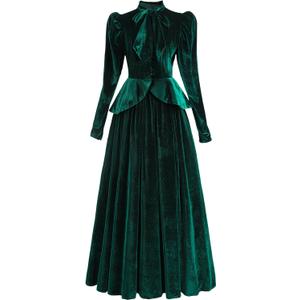 LTAKK Victorian Dress for Women Edwardian Costume Velvet 1800s Dresses Gigot Sleeve Blouses with Skirt, Green, Large