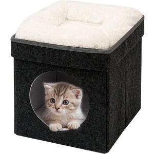 B FSOBEIIALEO Cat House Cube Small Dog Cubes for Indoor Cats Folding Cat Ottoman, Cat Cave, Stackable Cat Condo for Kitten, with Removable Soft Sleeping Bed, Felt and Engineered Wood 12.6"(Dark Grey)