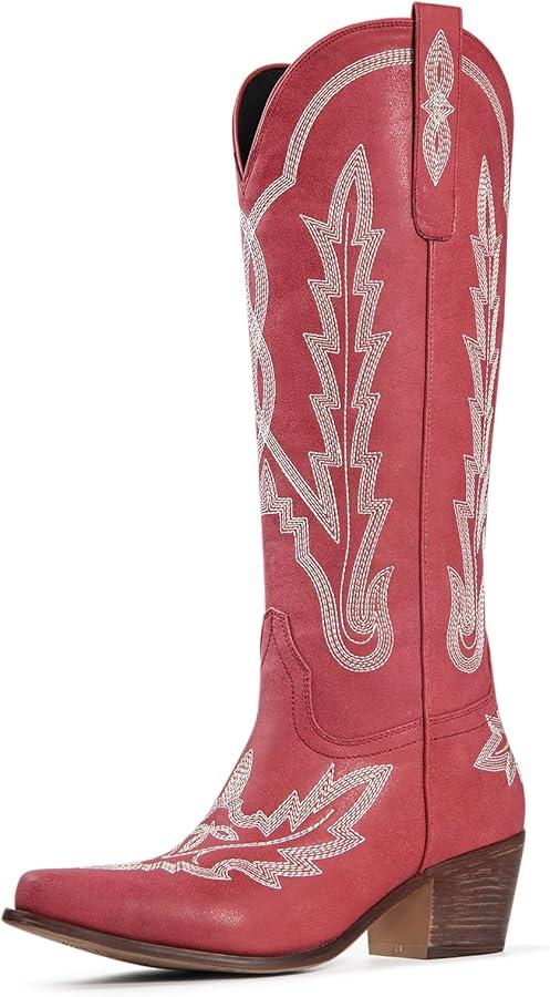 Ouepiano Cowboy Boots for Women Knee High Cowgirl Boots with Classic Embroidered Slip On Pointed Toe Chunky Heel Pull On Fashion Retro Tall Boot sz 8
