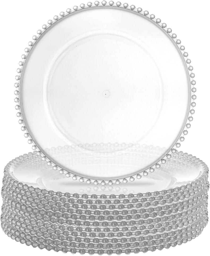 Lawei 12 Pack Clear Plastic Charger Plates with Bead Rim, 13 Inch Plastic Round Serving Plates Decor Dinner Plates for Party Wedding Events Dinner Decoration, 12.6 Inch
