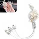 Car Multi-function Cable, 3 in 1 Cigarette Lighter Retractable Charging Cord with 3 Sizes Connectors, Fashion Pearl Flower Decoration, Universal Fast USB Port for Most Devices (White)