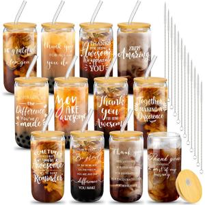 12 Set Employee Appreciation Gifts Appreciation Cups for Team Thank You Gifts Glass Cups for Staff Coworker 16 oz Can Shaped Beer Glass with Lids Straws Brushes(Stylish Style)