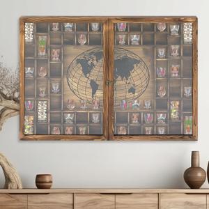 Large World Map 68 Slots Shot Glass Display Case Drop-Resistant and Dustproof Shadow Box 39 x 28'' Rustic Wood Cabinet Holder Wall Mounted Lockable Rack with Acrylic Glass Door for Bar Home Organizer