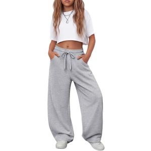 Girls Sweatpants 5-16y Baggy Barrel Pants Teen Wide Leg Open Bottom Casual Drawstring Soft Sweat Pants with Pockets(13-14 Years,Light Gray) (Gray)