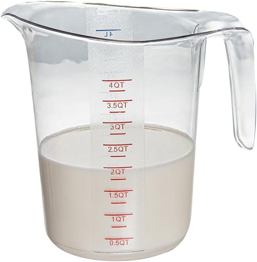 Restaurantware RW Base 4 Quart Measuring Jar 1 Durable Measuring Beaker - Metric And Imperial Units V-Shaped Spout Clear Plastic Measuring Cup Handle With Thumb-Grip Tolerates Up To 248F