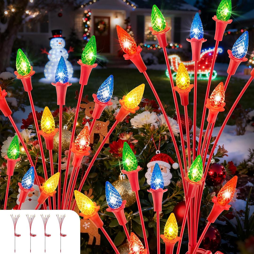4 Packs Christmas Berry Solar Garden Light with Multiple Colors, Auto ON/Off Solar Lights Outdoor Swaying in The Wind, Christmas Decorating Outdoor Yard Light for Pathway, Pond, Courtyard