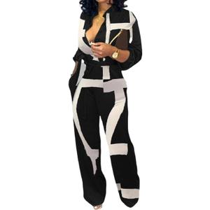 SeNight Women's Jumpsuits Elegant Business Casual Button Down V Neck Long Sleeve Strap Straight Long Pants With Pockets (XX-Large, Black/White/Long)