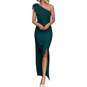 PRETTYGARDEN Women's Summer One Shoulder Long Formal Dresses Sleeveless Ruched Bodycon Wedding Guest Slit Maxi Dress (Large, Cyan)