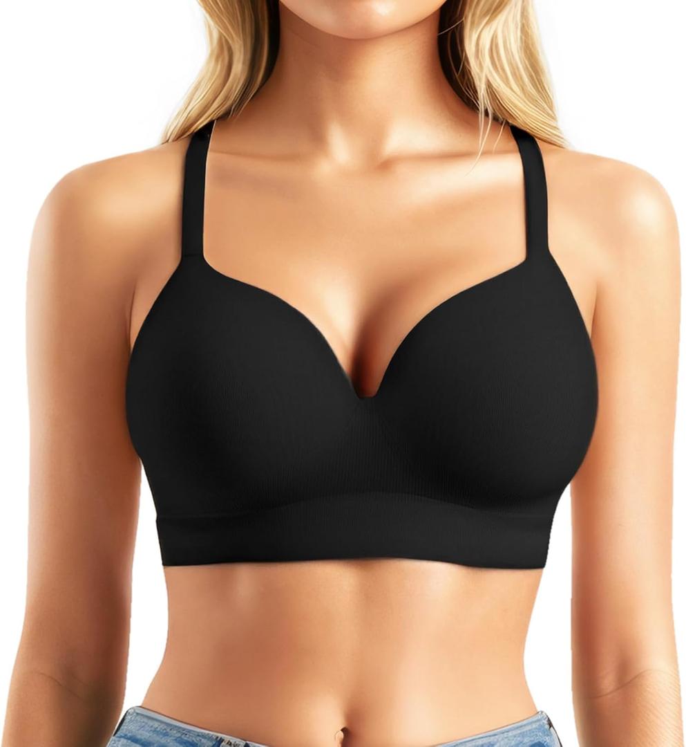 Popilush Bras for Women No Underwire Supportive Push Up Bralettes Wireless Full Coverage Plus Size T-Shirt Bra (Size X-Large, Black)